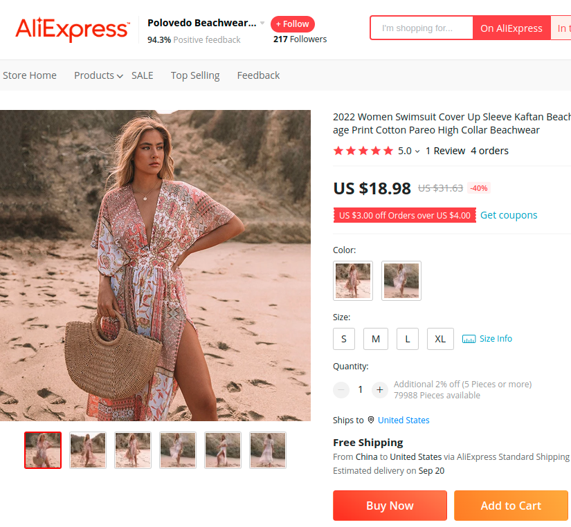 AliExpress swimsuit product listing